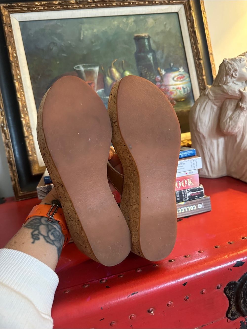 K.Jacques Brown Leather Cork Wedge Thong Sandals - Picture 4 of 4